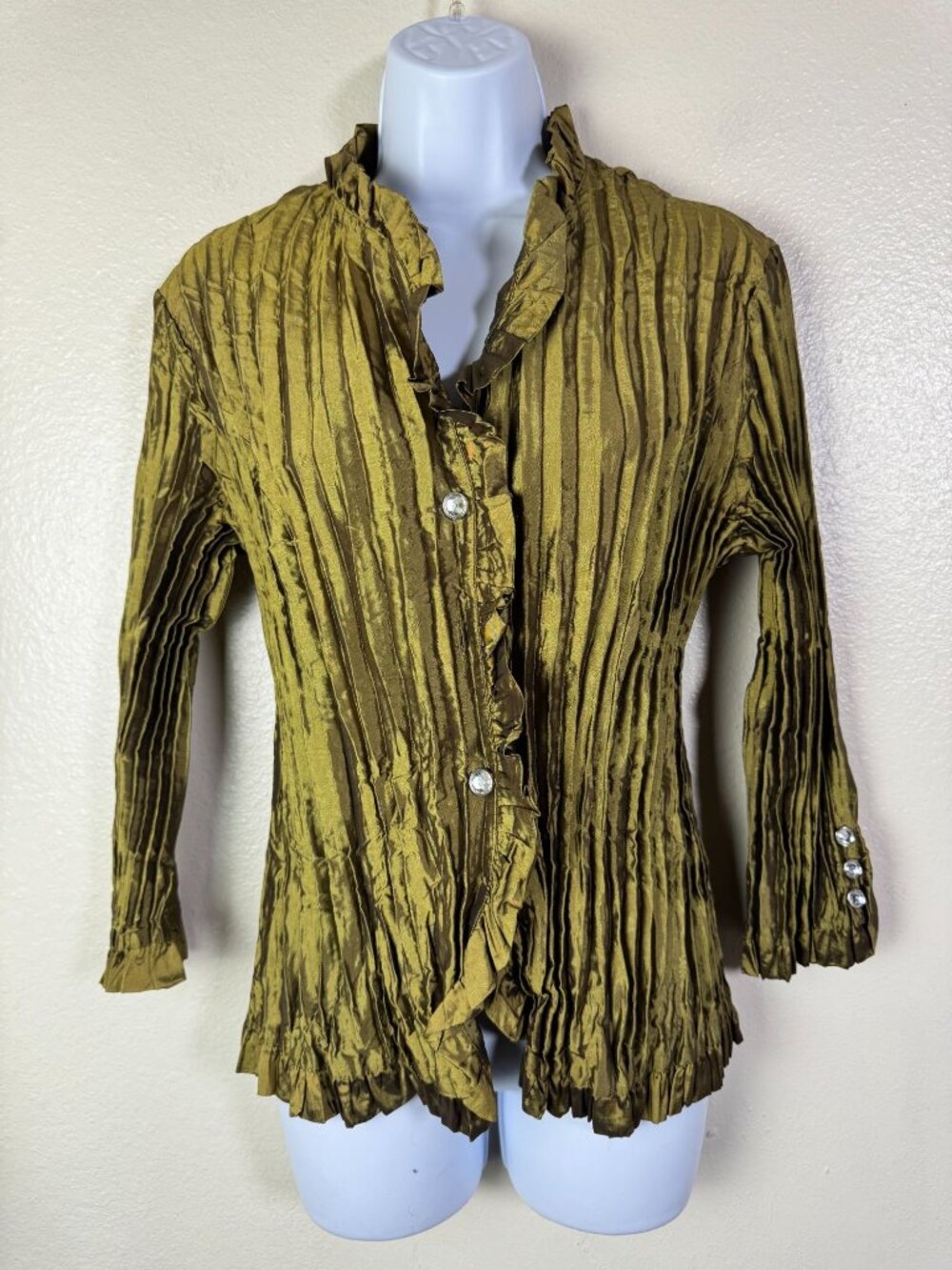 Agora Green metallic Crinkle Pleated Button-Up Blouse Women Size Large Artsy